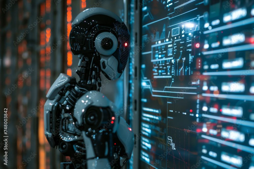 Poster a robot stands in front of a screen