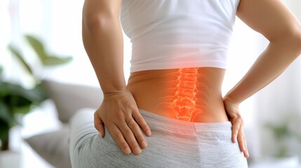 Woman with backache, experiencing discomfort and lower back pain due to physical strain and stress.