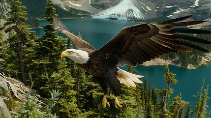 Majestic bald eagle soaring over lush green forest and serene blue lake in mountain landscape