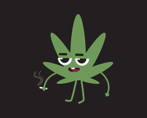 Cannabis mascot character. Smoking high with cigarette. Black background color. Flat design vector illustration.