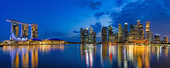 Panorama of Singapore skyline at night.