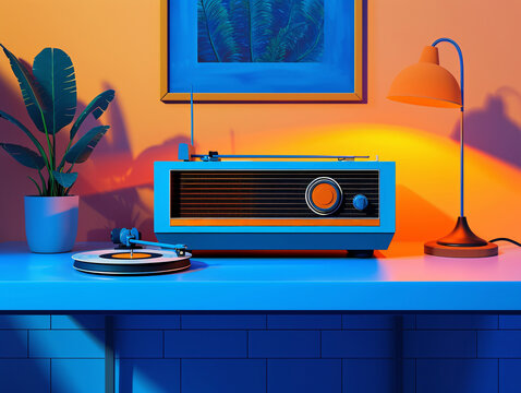 an orange and blue room with a record player and a picture frame