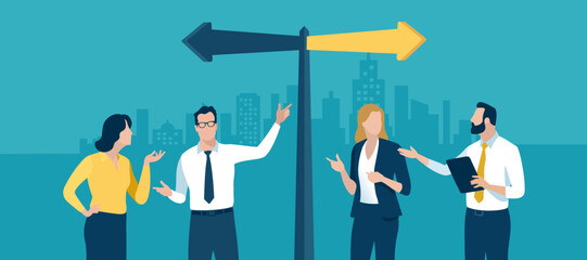 Uncertainty. Direction. The team discusses the direction. Business vector illustration