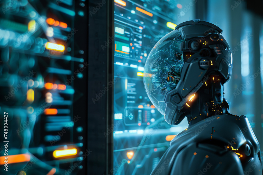 Aufkleber a robot with a helmet on looks at a computer screen