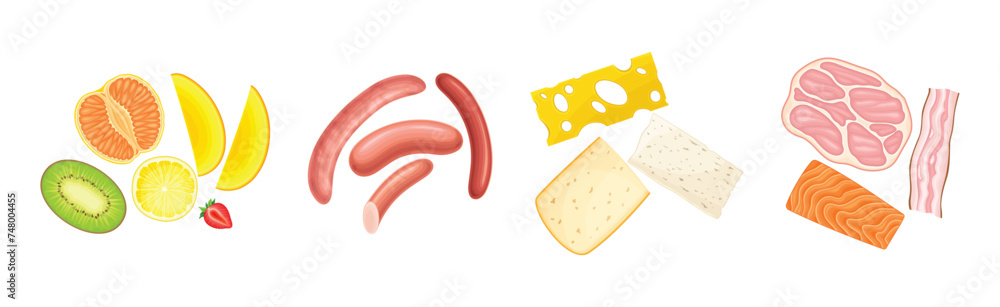 Sticker breakfast ingredients with fruit, sausage, cheese and meat vector set