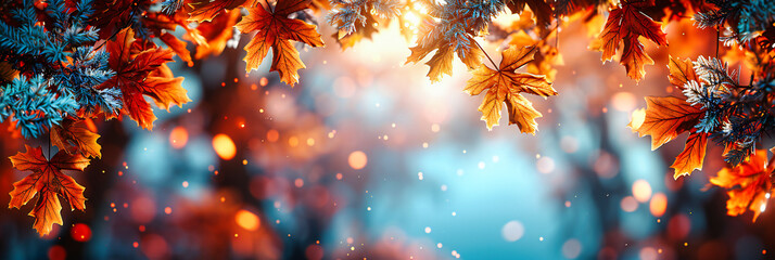 Winter Tree with Snow and Bokeh Light, Abstract Nature Background, Seasonal Decoration and Festive Frame