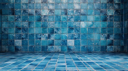 a blue tile wall with a floor