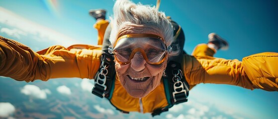 Portrait of a old happy woman sky diving happy woman with a big space and a blurry backdrop, Generative AI.