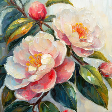 Beautiful oil painting of camellia flowers blooming. Botanical floral illustration, summer bloom.