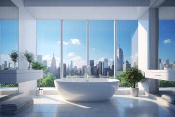 a large white bathroom with a large tub and trees