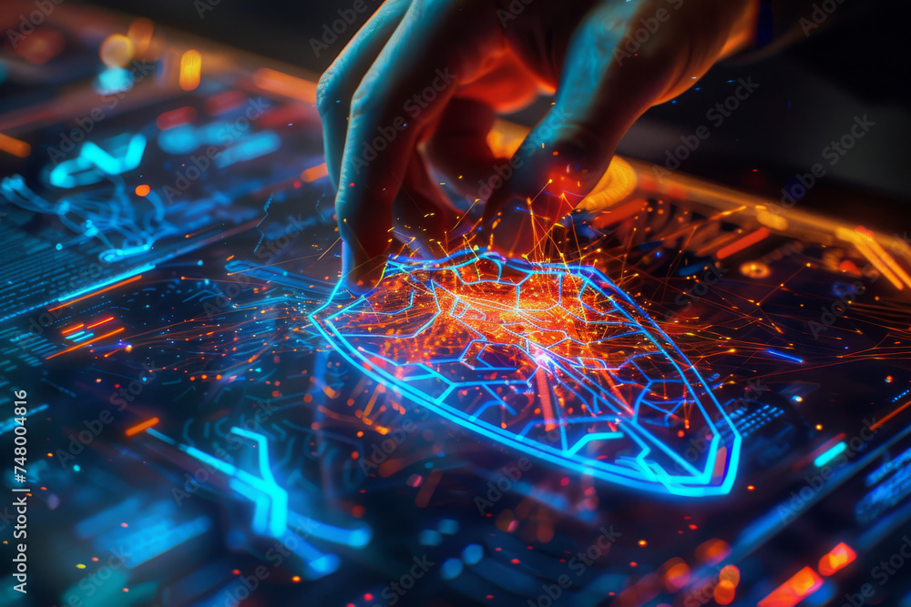 Poster a hand is touching a glowing shield on a computer screen