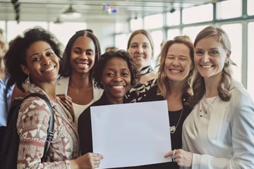Foto op Canvas Groupe diversifié de femmes souriantes et heureuses tenant une pancarte vide pour la pour la Journée internationale de la femme © ✿🌸 Mykmicky 🌸✿
