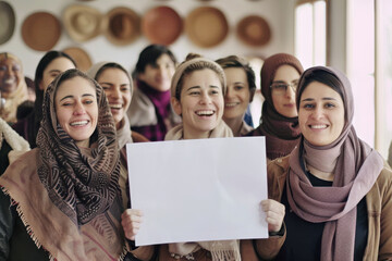 Groupe diversifié de femmes souriantes et heureuses tenant une pancarte vide pour la pour la Journée internationale de la femme