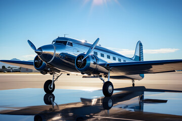 Vintage Aero Plane on Runway under the Clear Blue Sky- A Blend of Modern Engineering and Classic Design