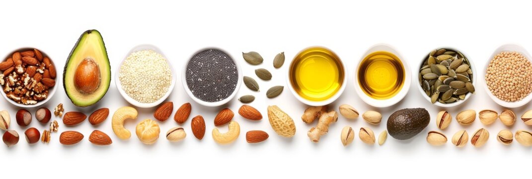 Assorted healthy fats food selection with avocado, nuts, seeds, and olive oil on wooden background