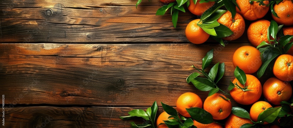 Poster a group of vibrant oranges is neatly placed on a wooden table. the oranges are ripe and ready to be 