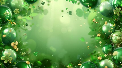 St. patrick s day festive banner with irish colored balloons, clover, gold coins on green background