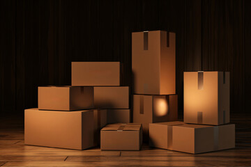 a group of boxes on a wooden floor