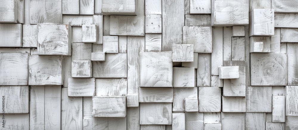 Poster a white wall serves as a backdrop for a collection of wooden blocks stacked in various formations. t