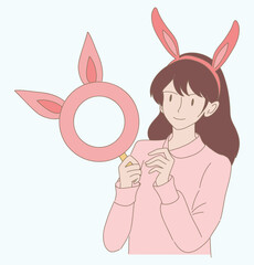 Happy girl wearing rabbit ears hair band, holding bunny mask on Easter day. Hand drawn flat cartoon character vector illustration.