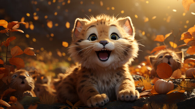 Animated character 3D image of tigers in autumn