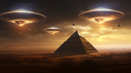 Flying saucer coming out from clouds on pyramids. Neural network AI generated art