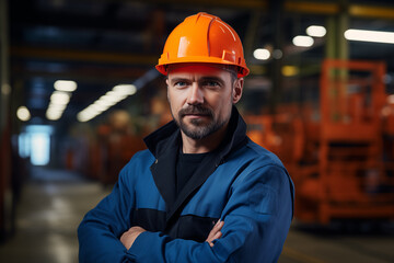 A worker in special clothes at a factory in a helmet against the background of production
