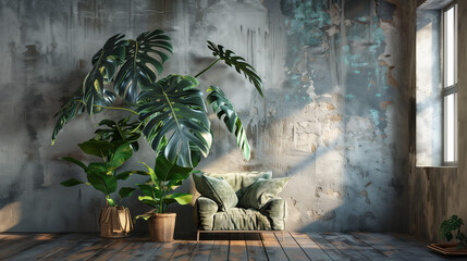 Free space of minimalist wall with mostera plants for poster background