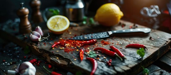 A rustic wooden cutting board is filled with various ingredients used in preparing healthy Thai cuisine. Chili, lemon, shallot, garlic, ginger, and a knife are neatly arranged on the plank, creating a