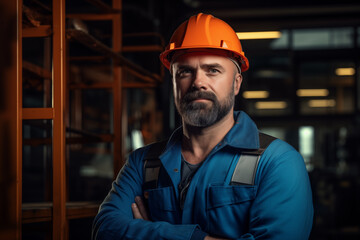 A worker in special clothes at a factory in a helmet against the background of production
