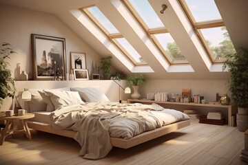 bedroom with a large bed, dresser, and rug, lit by a skylight. Decorated in a neutral color palette with white walls and light wood furniture.