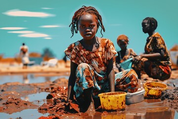 a group of children playing in mud - obrazy, fototapety, plakaty