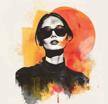 Beautiful Fashion young  woman in sunglasses on watercolor background. Simple minimalistic poster design

