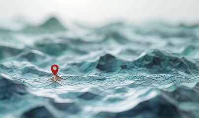 Digital low poly  landscape with location pin pointing to place on map