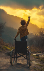 Young boy standing up on his feet on top of wheelchair, miracle cure and victory over disability concept