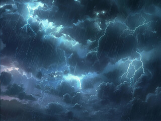 cloudy stormy night sky with lighting and rain - obrazy, fototapety, plakaty
