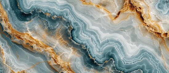 This close-up showcases the intricate pattern of a blue and gold marble against a natural background. The stunning surface of the marble reflects light, highlighting its captivating colors.