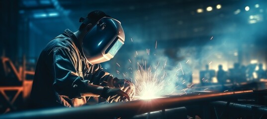 Close up of professional welding on medium sized pipe with blue light, copy space for text. - Powered by Adobe