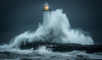 Fototapeta na wymiar Stormy sky with huge waves over flooded lighthouse