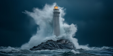 Storm waves over the Lighthouse in a cloudy day - obrazy, fototapety, plakaty