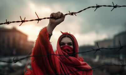 Woman with red headscarf garbing the barbwire in sign of protest and fight against tyranny and oppression - obrazy, fototapety, plakaty