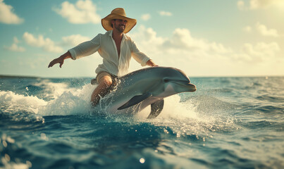 Man riding a dolphin at sea - obrazy, fototapety, plakaty