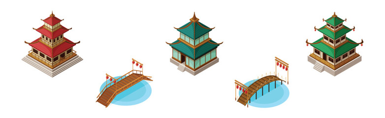 Asian Architecture with Pagoda and Bridges Isometric Vector Set
