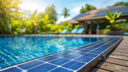 Portrait of modern solar panel powered swimming pool with a space for text or product a renewable energy concept, Generative AI.