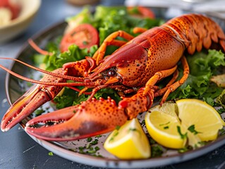 a lobster on a plate with lemons and lettuce