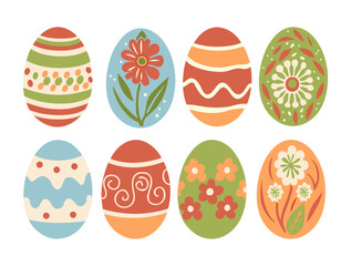 Set of Colored easter eggs. Flat vector illustrations isolated on white background. Collection of Paschal symbols with various ornaments, flowers, stripes, dots for religious holiday celebration.