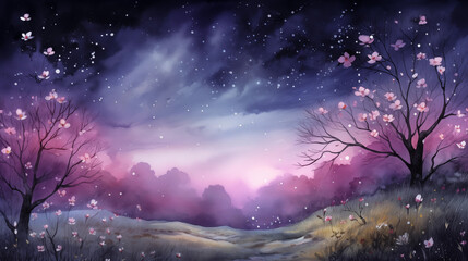 Hand drawn cartoon beautiful spring night landscape illustration
