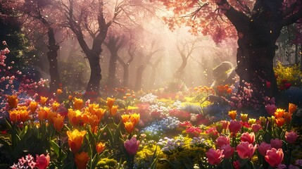 Beautiful Enchanting spring forest with flowers blooming on the ground and tree illuminated by the...