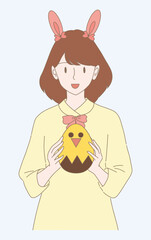 Cute girl wearing rabbit ears hair band, holding Easter painting egg. Hand drawn flat cartoon character vector illustration.