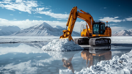 Lithium mining in a white salt lake in South America, AI generated - obrazy, fototapety, plakaty